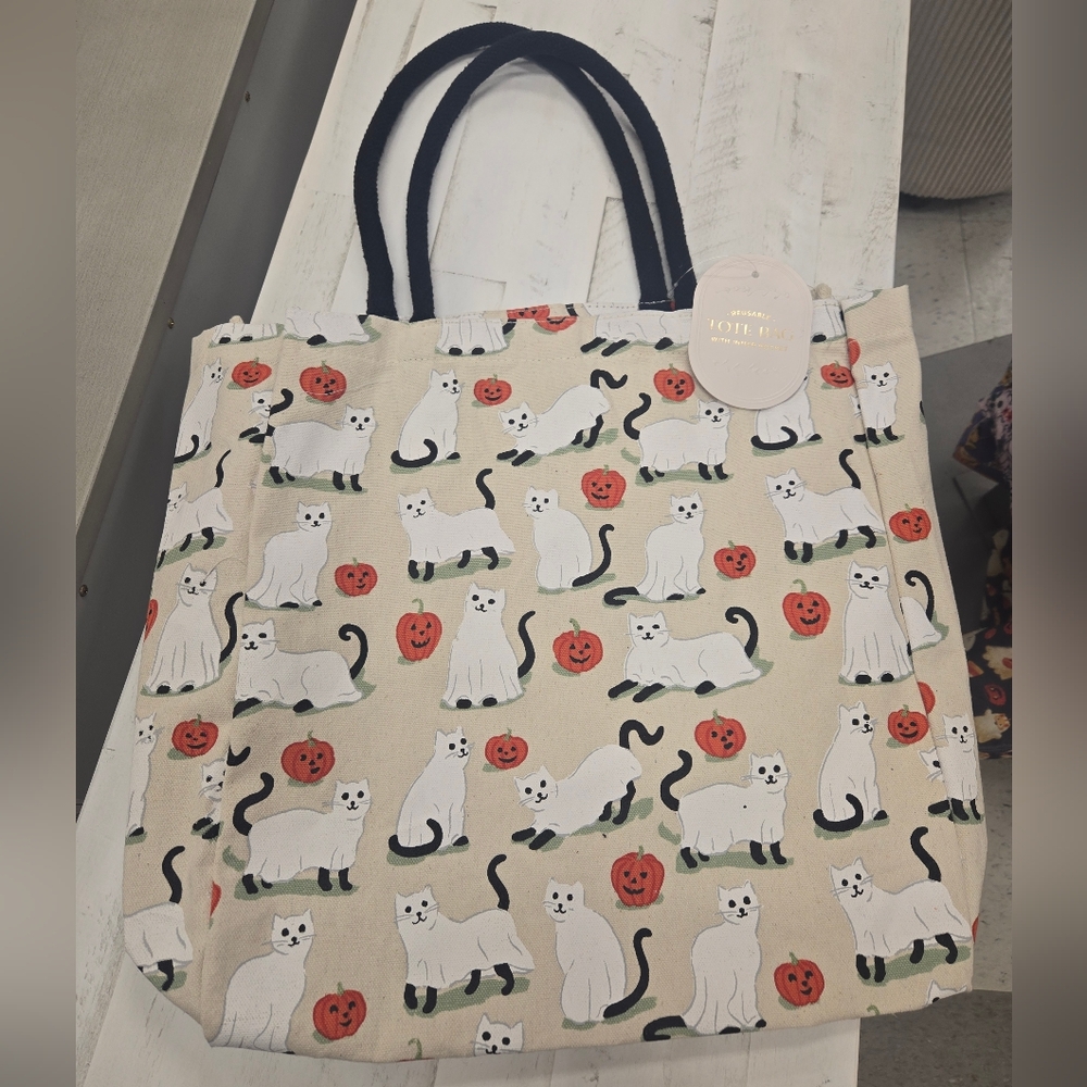 Casey Krimmel Cat Ghost and Pumpkin Canvas Halloween Tote Bag